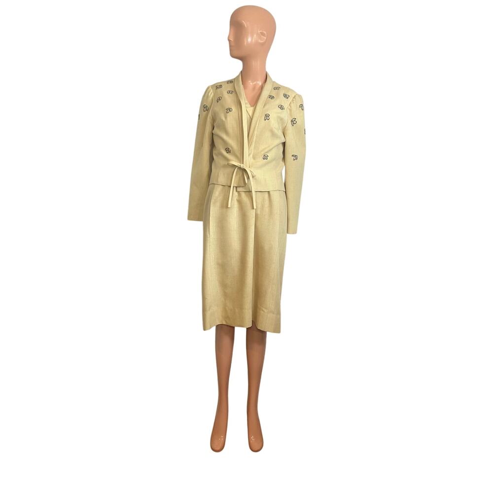 VTG 50s Hartnell Yellow Silk Applique Linen S Jacket Dress Set Feminine Wedding